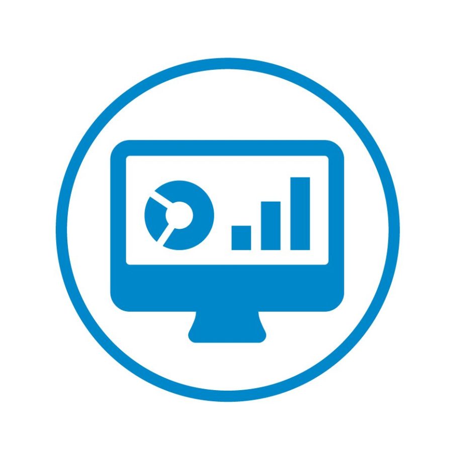 Blaues Icon eines Computerbildschirms mit Diagrammen – Symbol für das digitale Dashboard von DokFee zur Praxisverwaltung und Analyse.
