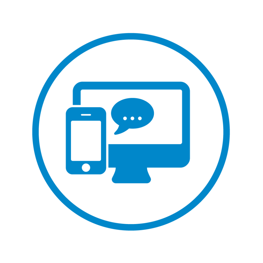 Icon von DokFee Voice: Monitor und Smartphone mit Sprechblase. Symbol für den KI-Anrufbeantworter und digitale Anrufverwaltung in der Praxis