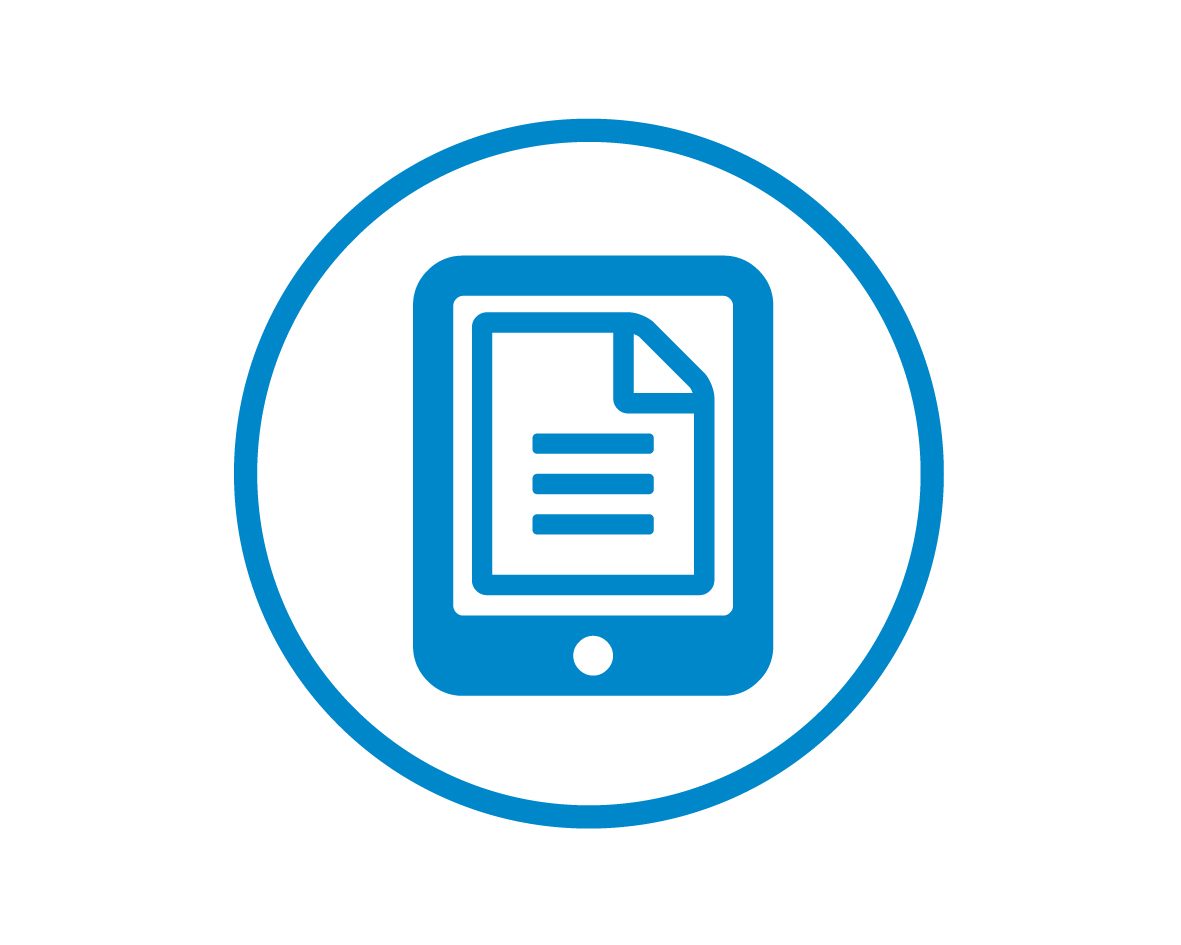 Blaues Icon eines Tablets mit einem digitalen Dokument – Symbol für die digitale Patientenanamnese und Aufnahme mit DokFee.