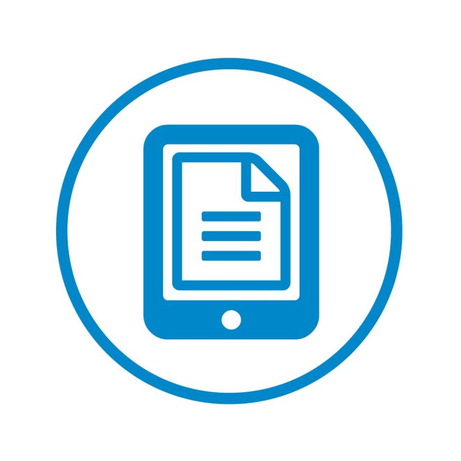 Blaues Icon eines Tablets mit einem digitalen Dokument – Symbol für die digitale Patientenanamnese und Aufnahme mit DokFee.